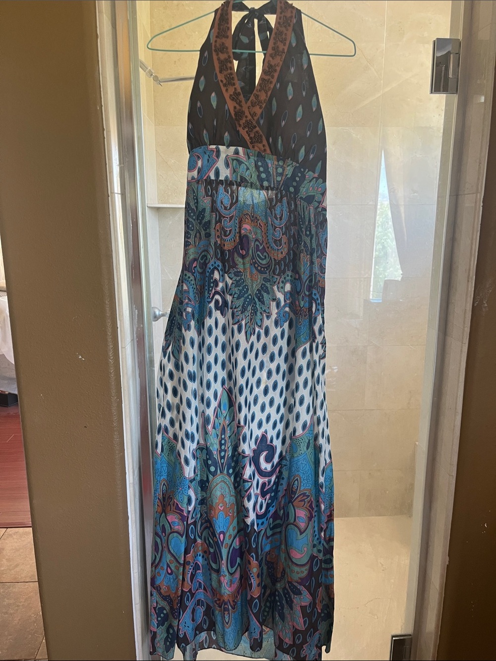 Halter Maxi Dress in Teal, Brown & White Paisley